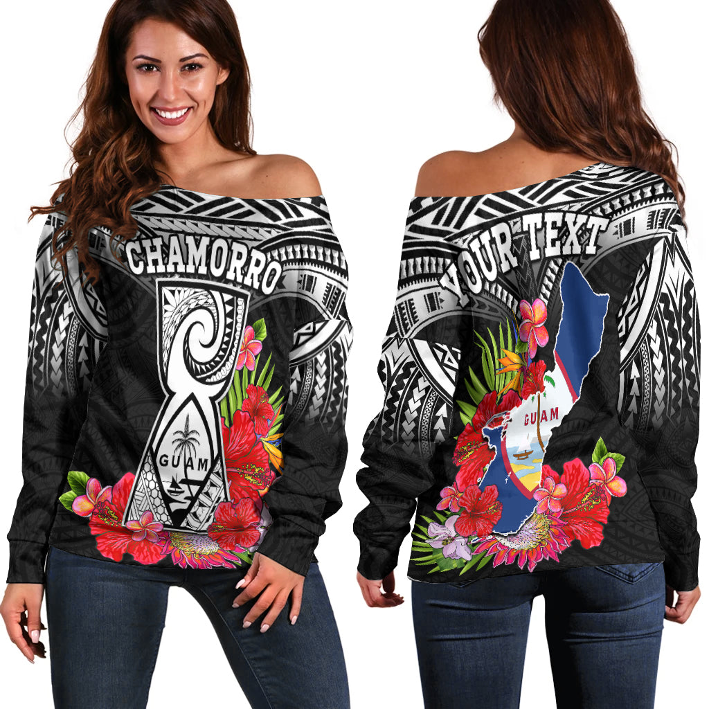 (Custom Personalised) Guam Chamorro Off Shoulder Sweater Guaman Latte Stone Tropical Flowers Black Style LT14 Women Black - Polynesian Pride