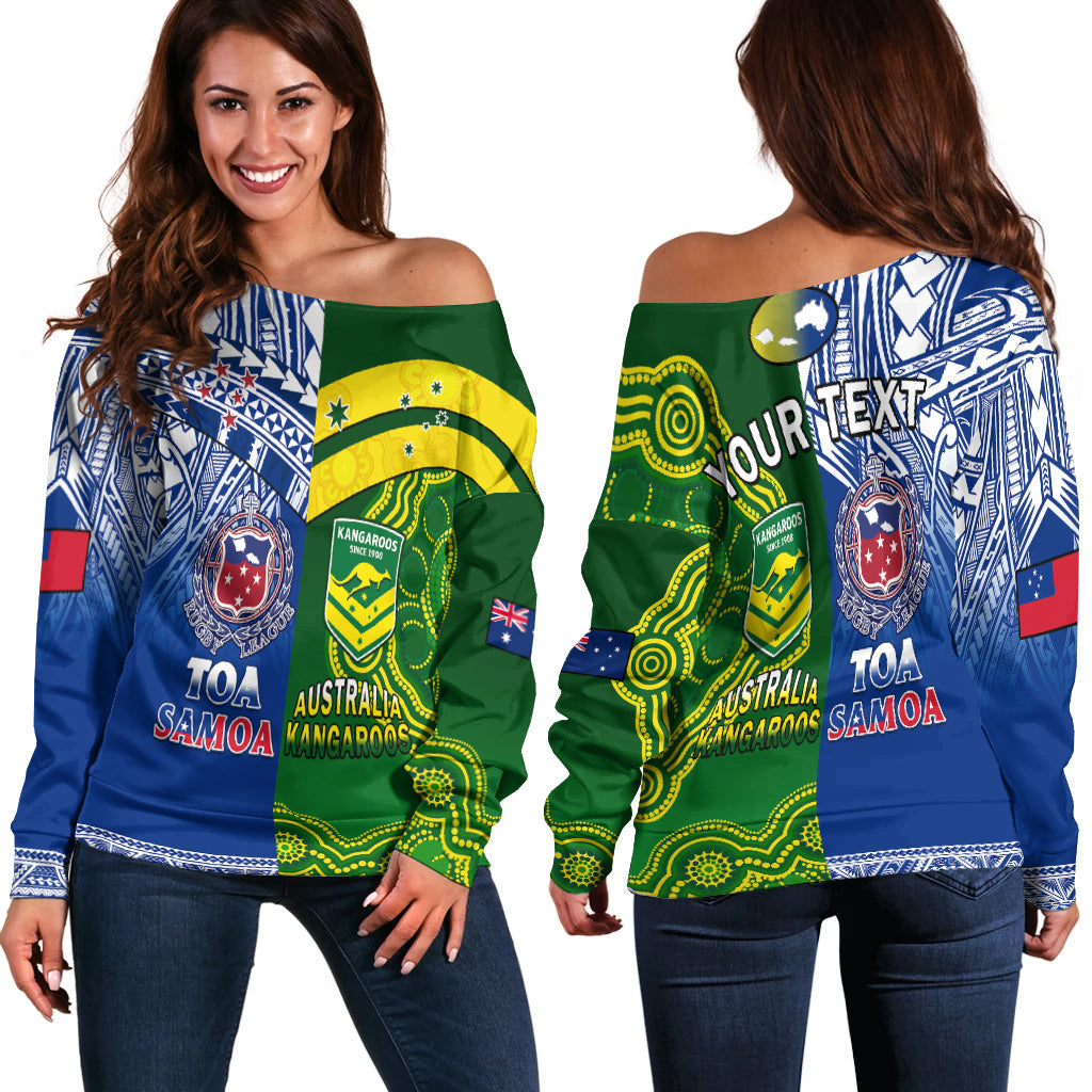 (Custom Personalised) Samoa Rugby and Australia Rugby Off Shoulder Sweater Toa Samoa Mix Kangaroos Pacific LT14 Women Art - Polynesian Pride