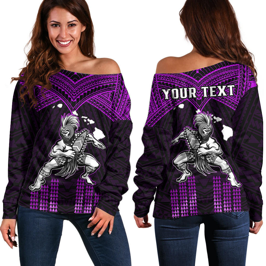 (Custom Personalised) Hawaii Off Shoulder Sweater Hawaiian Warrior With Weapon Polynesian Ver.04 LT14 Women Purple - Polynesian Pride