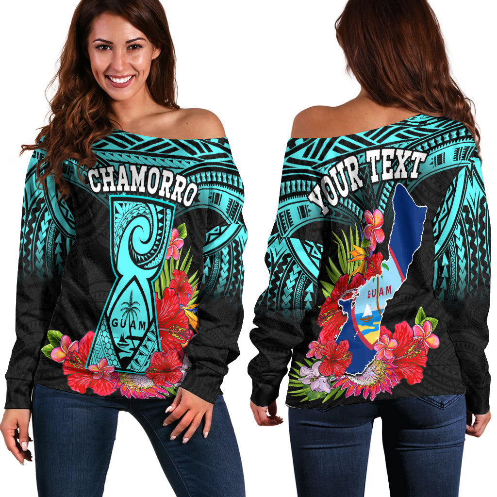 (Custom Personalised) Guam Chamorro Off Shoulder Sweater Guaman Latte Stone Tropical Flowers Turquoise Style LT14 Women Turquoise - Polynesian Pride