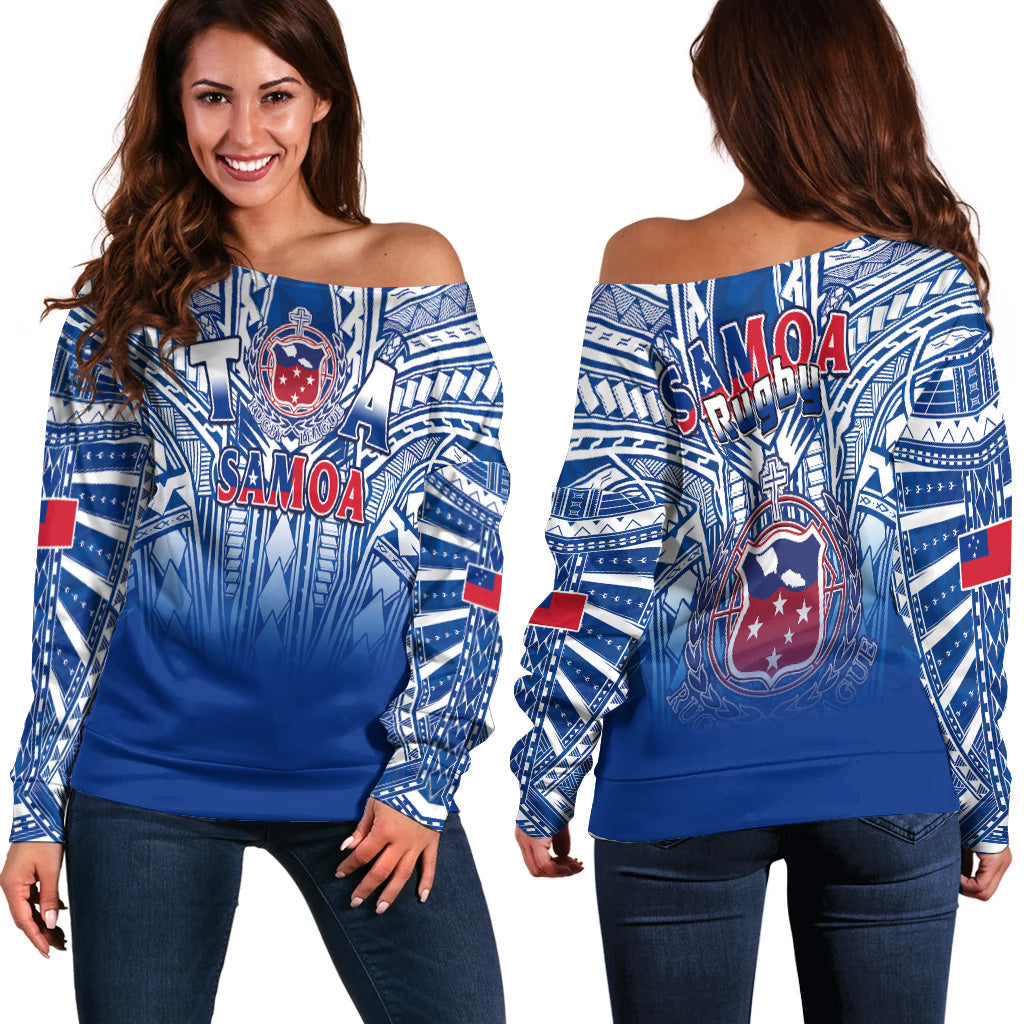 Samoa Rugby Off Shoulder Sweater Toa Samoa Polynesian Pacific Navy Version LT14 Women Blue - Polynesian Pride