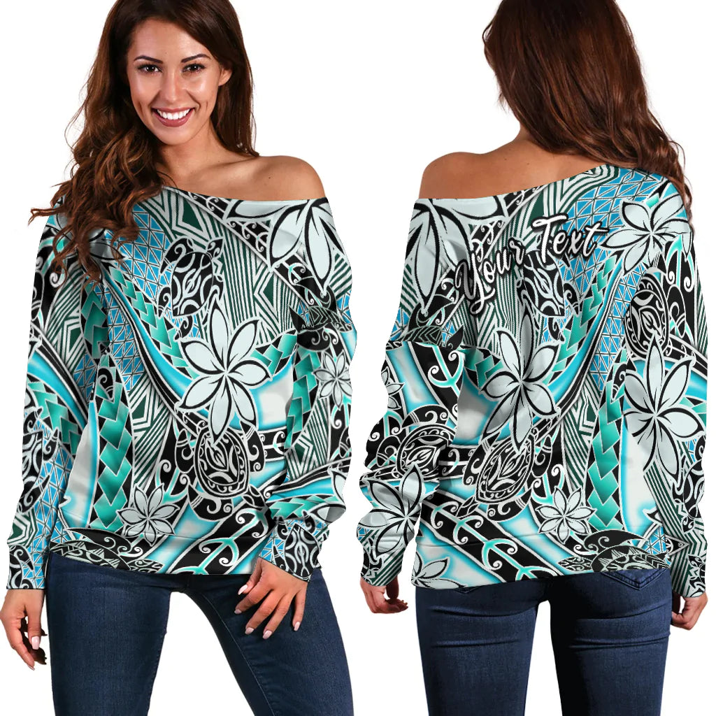 (Custom Personalised) Hawaii Off Shoulder Sweater Tribal Plumeria With Polynesian Turtle Ver.04 LT14 Women Turquoise - Polynesian Pride