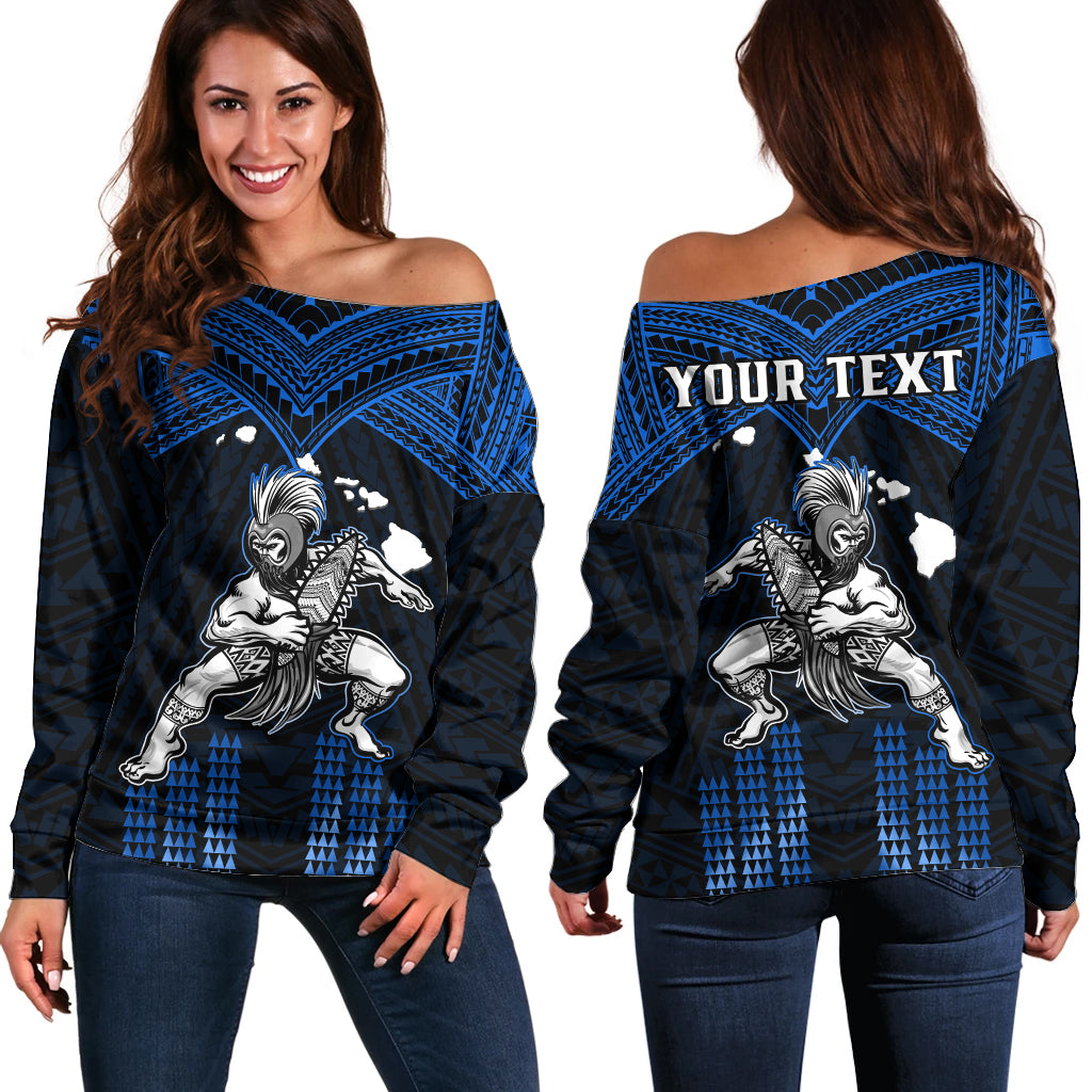 (Custom Personalised) Hawaii Off Shoulder Sweater Hawaiian Warrior With Weapon Polynesian Ver.06 LT14 Women Blue - Polynesian Pride