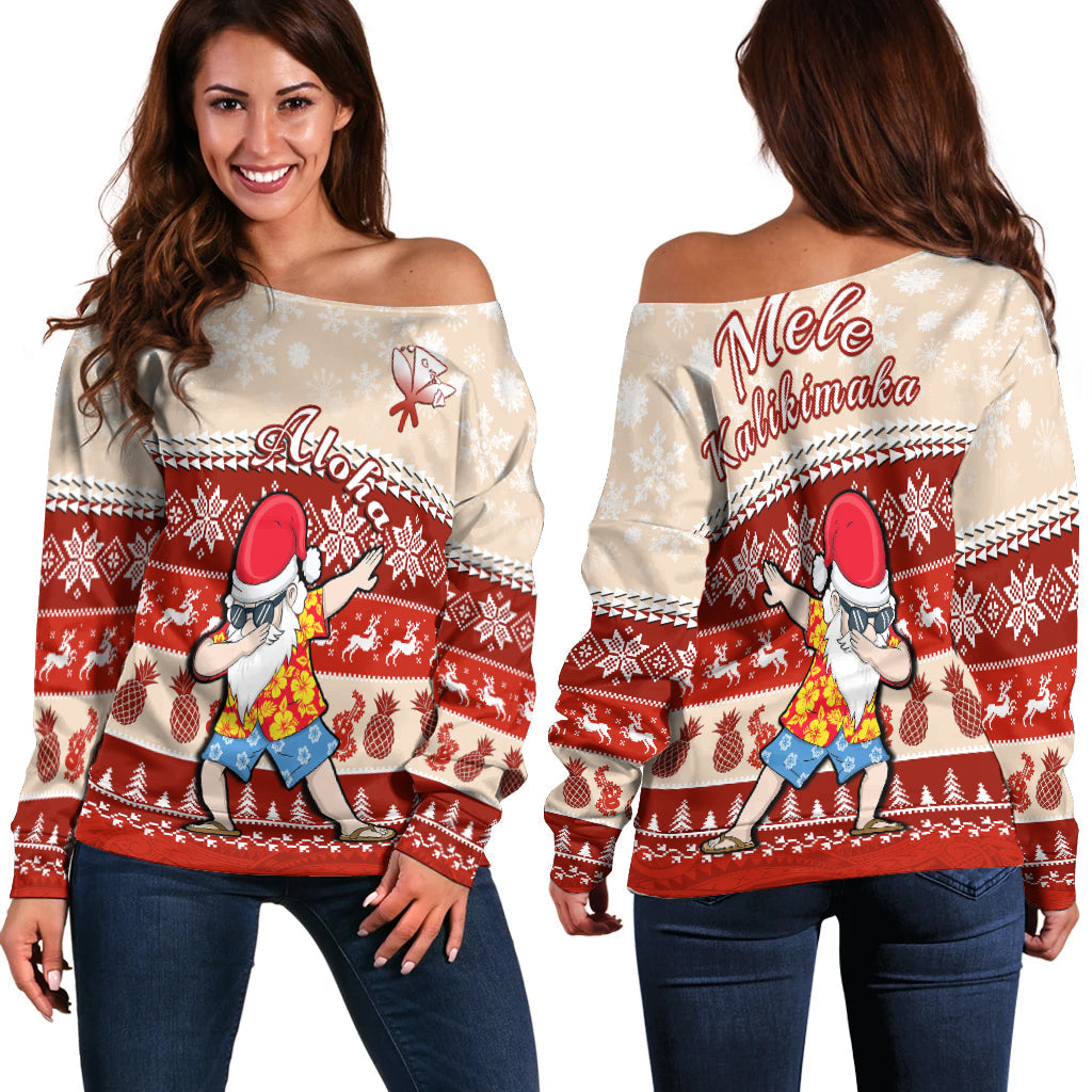 Hawaii Mele Kalikimaka Off Shoulder Sweater Dabbing Santa Red Merry Christmas LT14 Women Red - Polynesian Pride