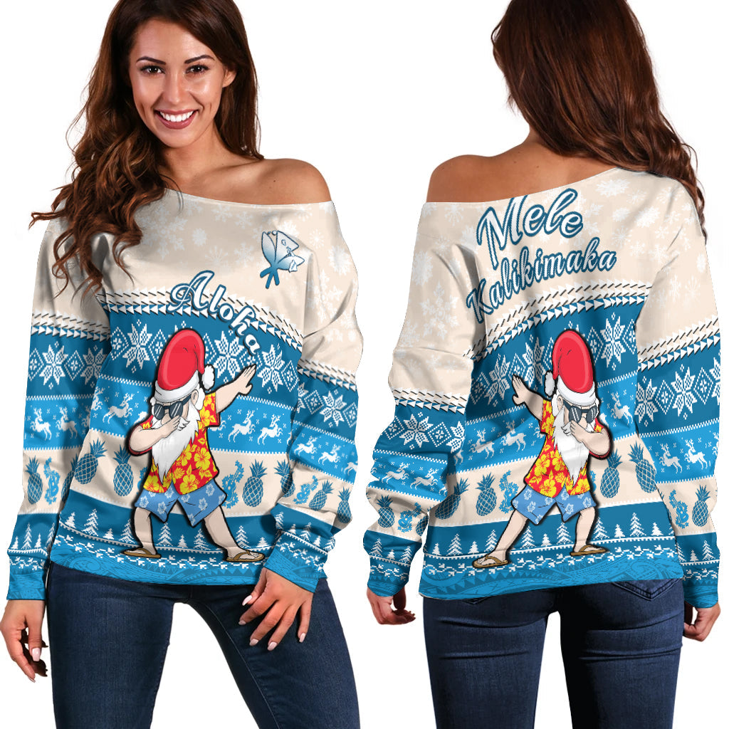 Hawaii Mele Kalikimaka Off Shoulder Sweater Dabbing Santa Blue Merry Christmas LT14 Women Blue - Polynesian Pride