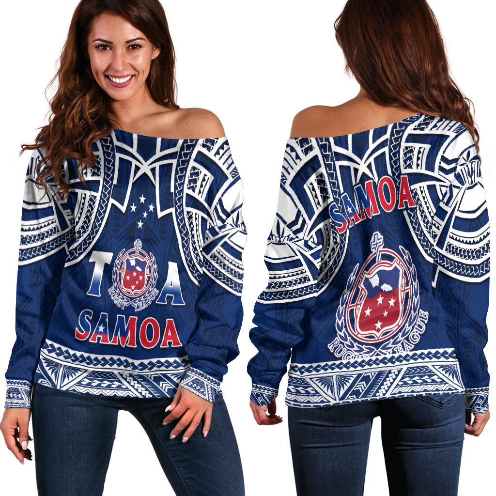 Samoa Rugby Off Shoulder Sweater Toa Samoa Pacific Sporty LT14 Women Blue - Polynesian Pride