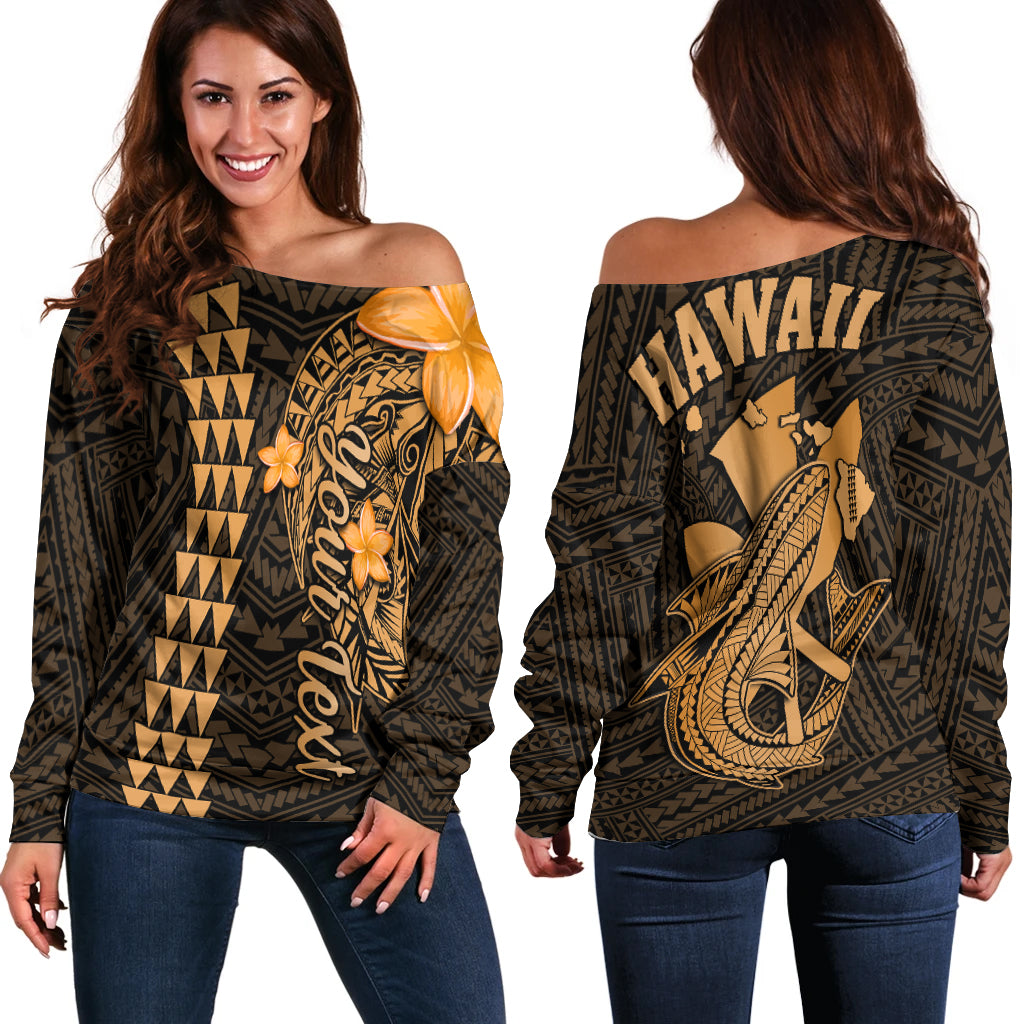 (Custom Personalised) Hawaii Off Shoulder Sweater Kakau Kanaka Maoli Combine Polynesian Shark Ver.01 LT14 Women Gold - Polynesian Pride