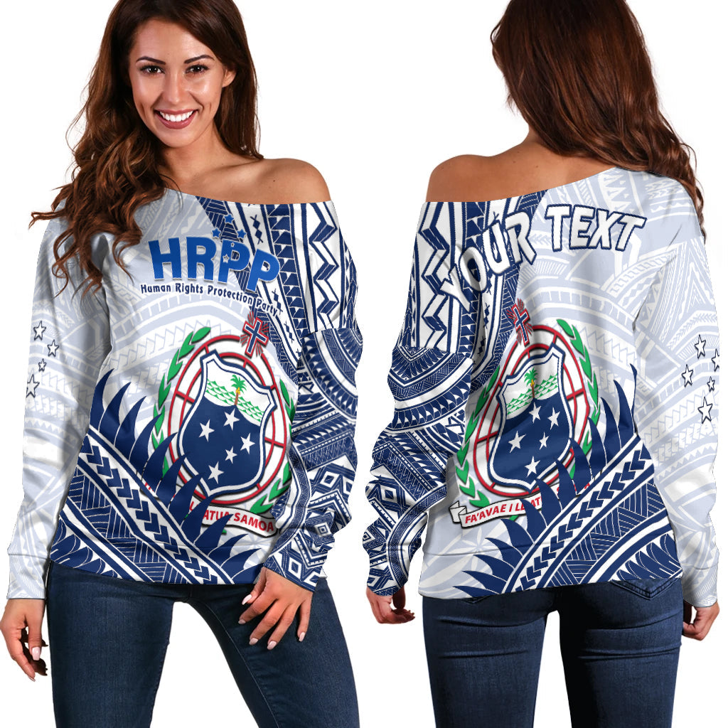 (Custom Personalised) HRPP Samoa Off Shoulder Sweater Samoan Coat Of Arms Polynesian Pattern LT14 Women White - Polynesian Pride