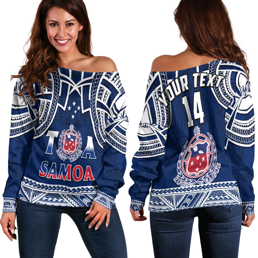 (Custom Personalise Text and Number) Samoa Rugby Off Shoulder Sweater Toa Samoa Pacific Sporty LT14 Women Blue - Polynesian Pride