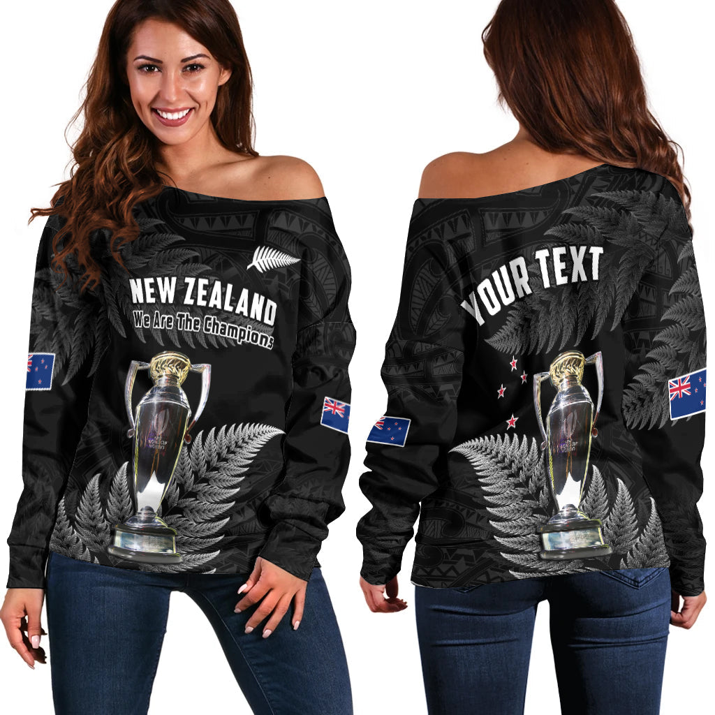 (Custom Personalised) New Zealand 2022 Rugby Off Shoulder Sweater Black Fern Proud Champions RWC LT14 Women Black - Polynesian Pride