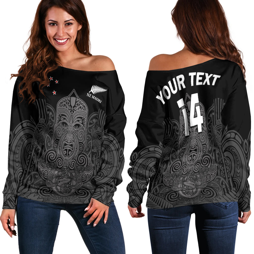 (Custom Text And Number) New Zealand Tiki Rugby Off Shoulder Sweater NZ Maori Koru Pattern LT14 Women Black - Polynesian Pride