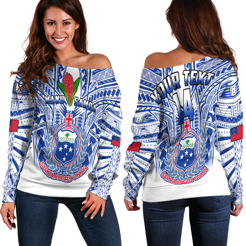 (Custom Text And Number) Samoa Rugby Off Shoulder Sweater Manu Samoa 7s Ginger White Polynesian LT14 Women White - Polynesian Pride