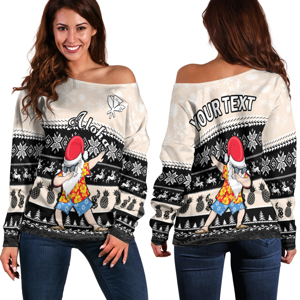 (Custom Personalised) Hawaii Mele Kalikimaka Off Shoulder Sweater Dabbing Santa Black Merry Christmas LT14 Women Black - Polynesian Pride