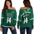 (Custom Text And Number) Hawaii Football Off Shoulder Sweater Kakau Rainbow Warriors Helmet Go Bows LT14 Women Green - Polynesian Pride