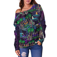 Hawaii Skeleton Dancing Off Shoulder Sweater Halloween Hawaiian Turtle LT13 Women Purple - Polynesian Pride