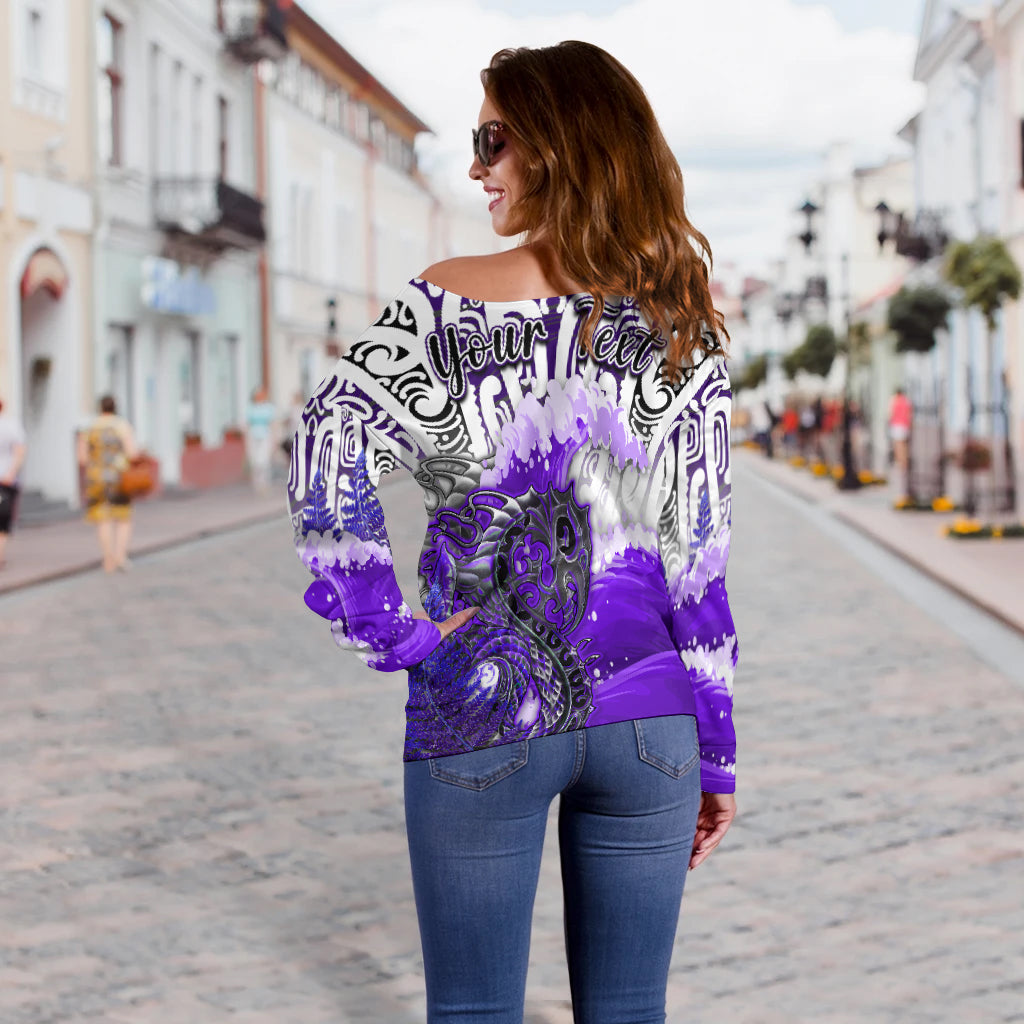 (Custom Personalised) Manaia Maori Off Shoulder Sweater Fern Aotearoa Purple Waves LT13 - Polynesian Pride