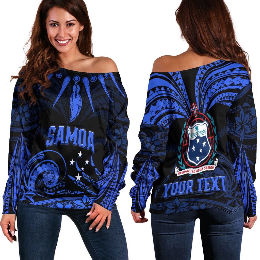 (Custom Personalised) Samoa Tatau Off Shoulder Sweater Blue Polynesian Ula Nifo LT13 Women Blue - Polynesian Pride