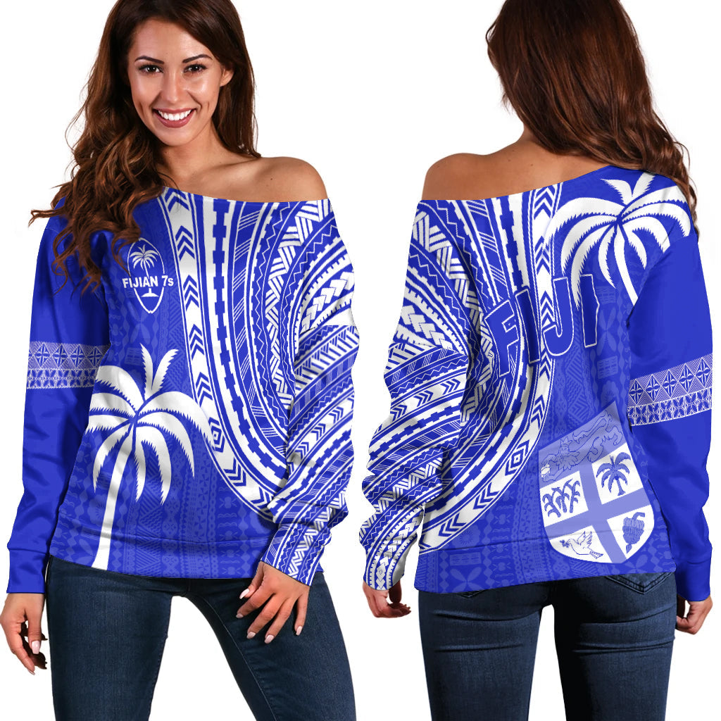 Fiji Rugby Sevens Off Shoulder Sweater Fijian 7s Tapa Polynesian Blue Ver.02 LT13 - Polynesian Pride