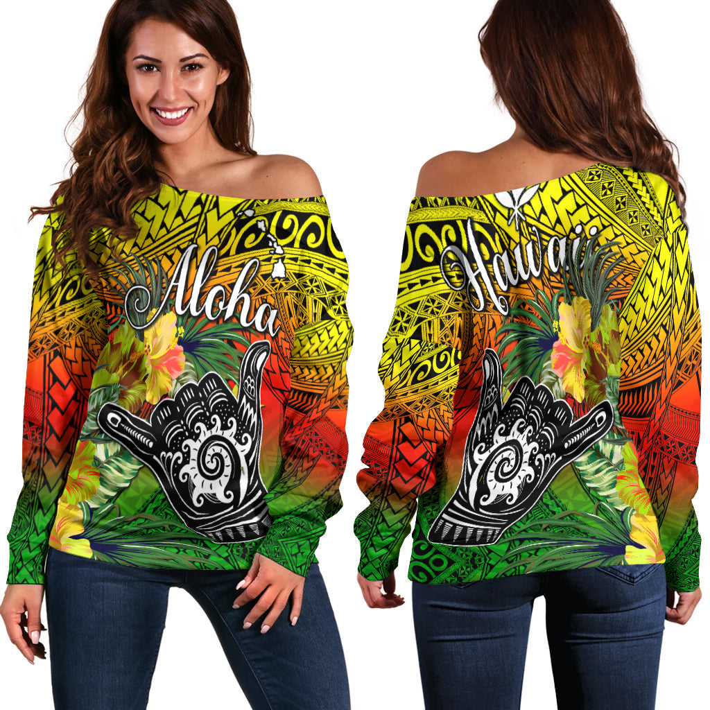 The Shaka Hawaii Off Shoulder Sweater Tropical Flowers Reggae Version LT13 Women Reggae - Polynesian Pride