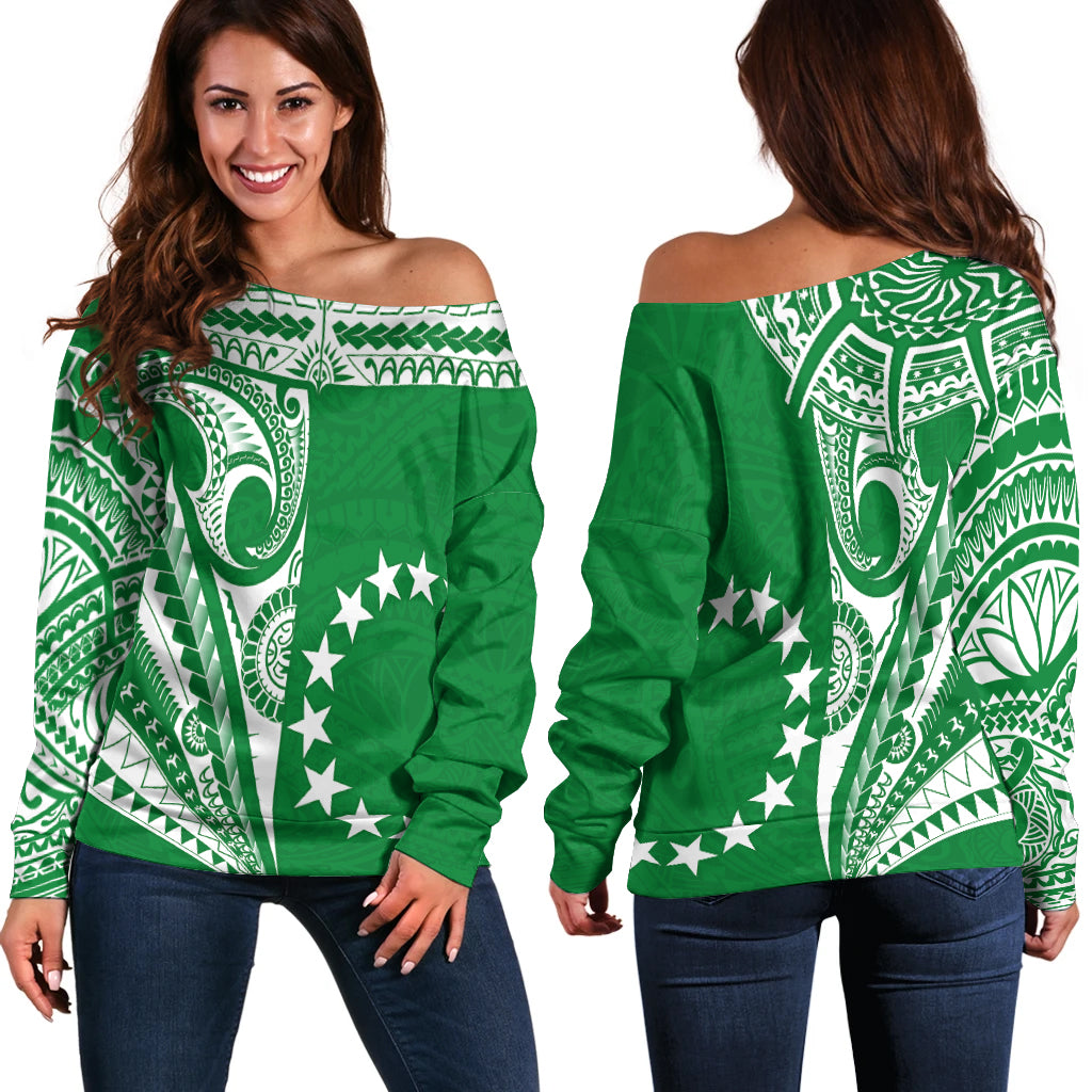 Cook Islands Tatau Off Shoulder Sweater Symbolize Passion Stars Version Green LT13 - Polynesian Pride