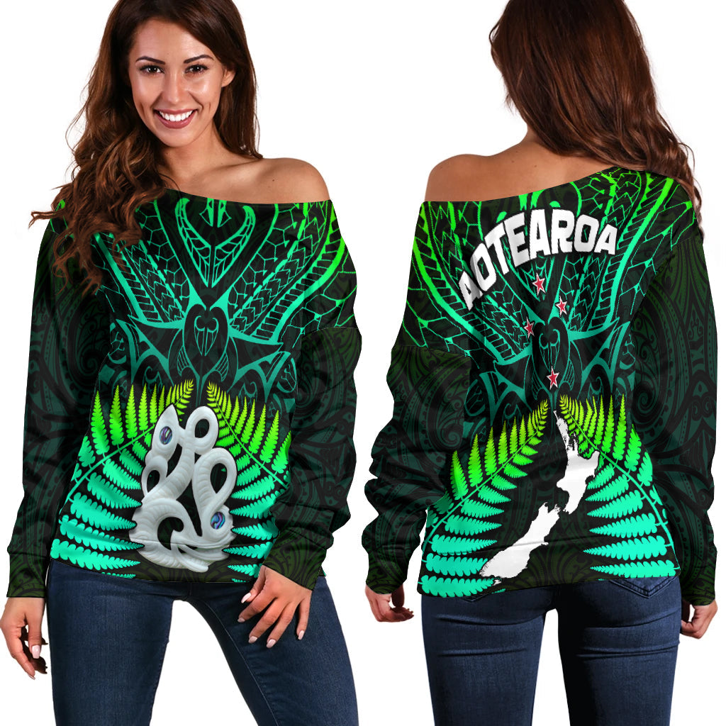 Aotearoa Fern Off Shoulder Sweater New Zealand Hei Tiki Green Style LT13 Women Green - Polynesian Pride