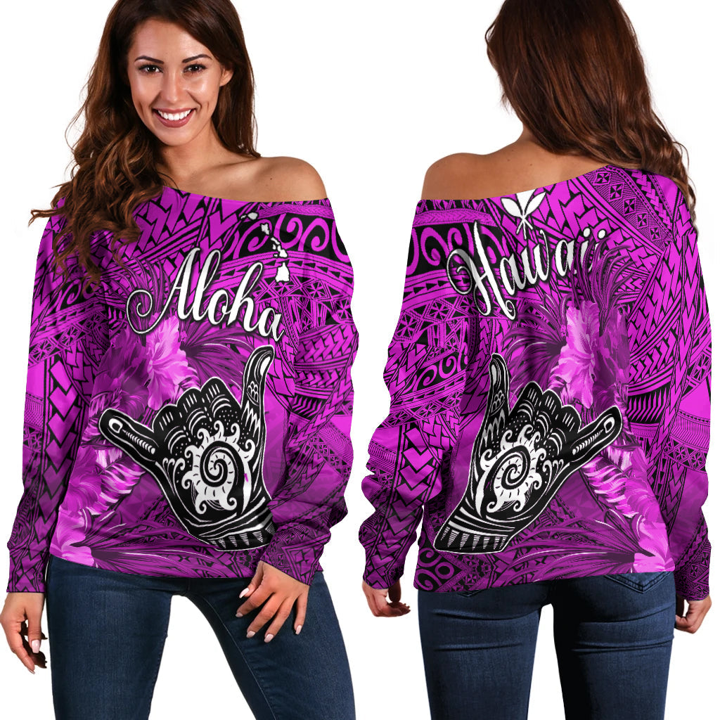 The Shaka Hawaii Off Shoulder Sweater Tropical Flowers Purple Version LT13 Women Purple - Polynesian Pride