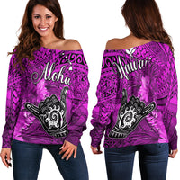 The Shaka Hawaii Off Shoulder Sweater Tropical Flowers Purple Version LT13 Women Purple - Polynesian Pride