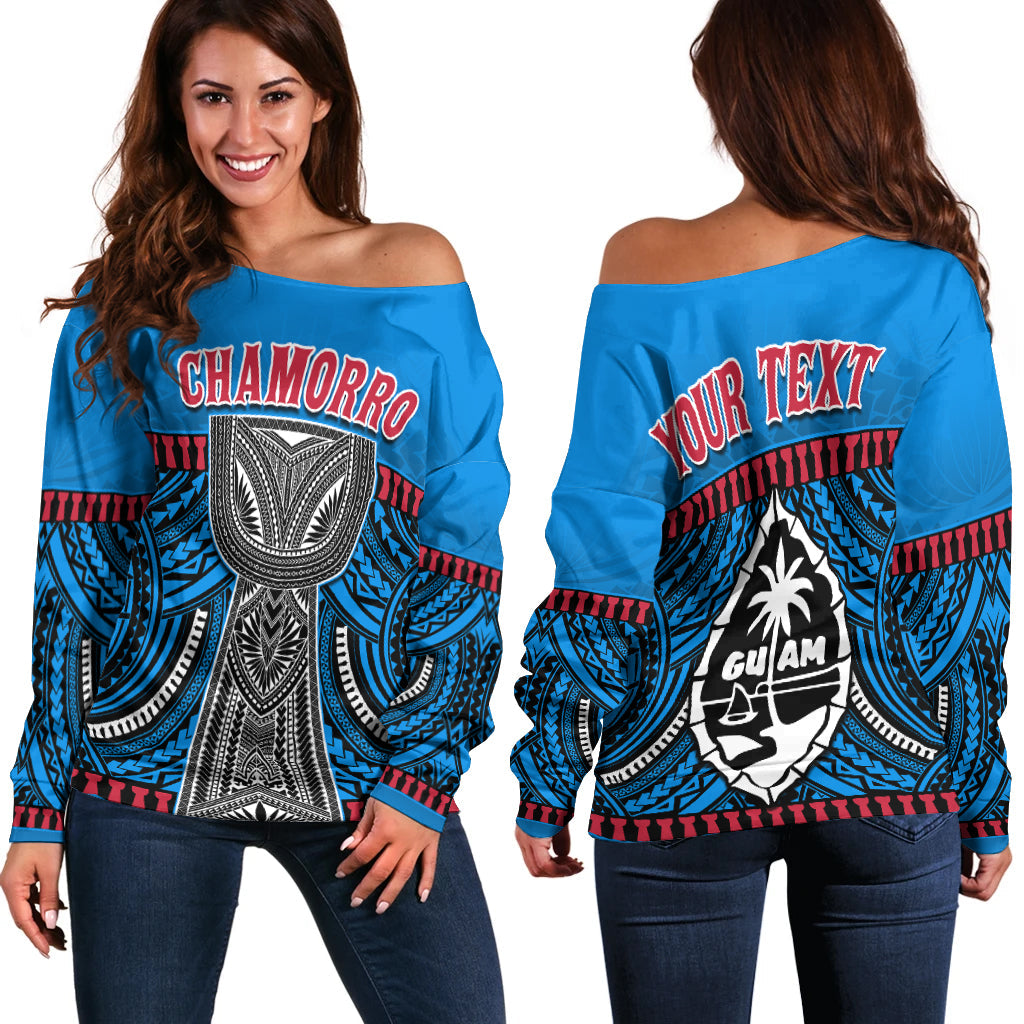 (Custom Personalised) Guam Chamorro Off Shoulder Sweater Latte Stone Blue Polynesian Haligi LT13 Women Blue - Polynesian Pride