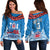 (Custom Personalise Text and Number) Toa Samoa Rugby Off Shoulder Sweater Manu Siva Tau Style Ulafala LT13 Women Blue - Polynesian Pride