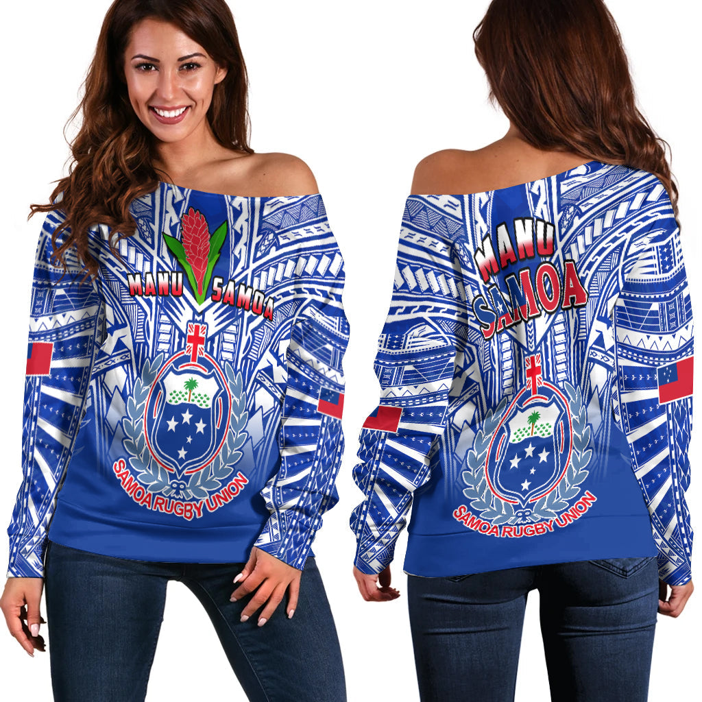 Samoa Rugby Off Shoulder Sweater Manu Samoa 7s Ginger Blue Polynesian LT14 Women Blue - Polynesian Pride