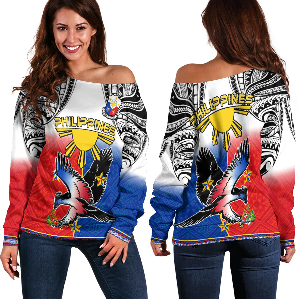 Philippines Off Shoulder Sweater Polynesian Filipino Pattern With Eagle LT14 Women White - Polynesian Pride