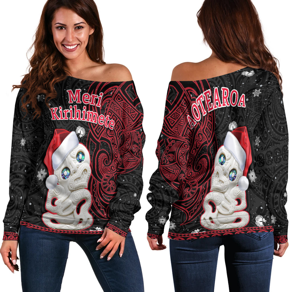 New Zealand Christmas Off Shoulder Sweater Hei Tiki Red Pohutukawa Meri Kirihimete LT14 Women Red - Polynesian Pride