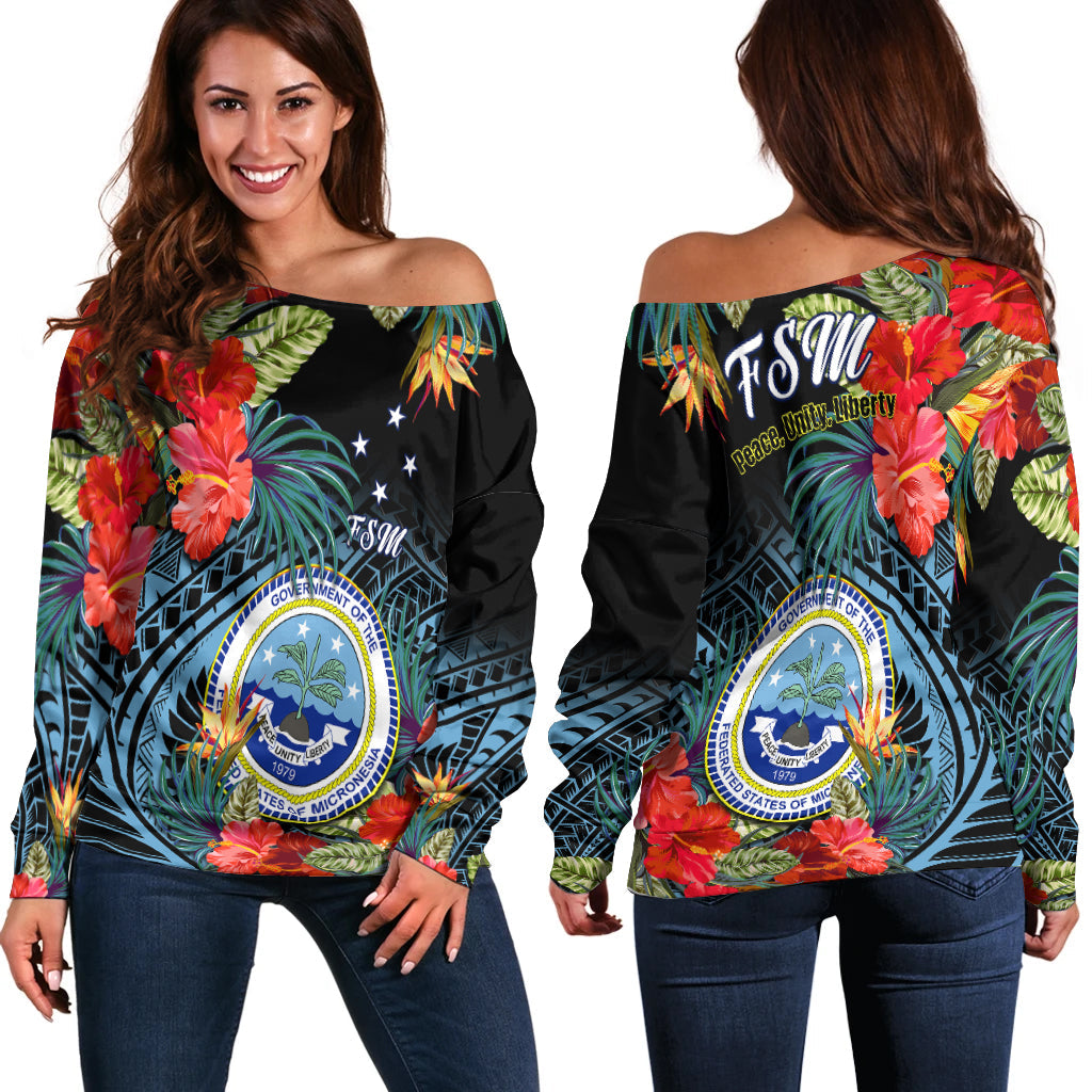 Federated States of Micronesia Off Shoulder Sweater Hibiscus Flowers FSM Seal Polynesian LT14 Women Black - Polynesian Pride