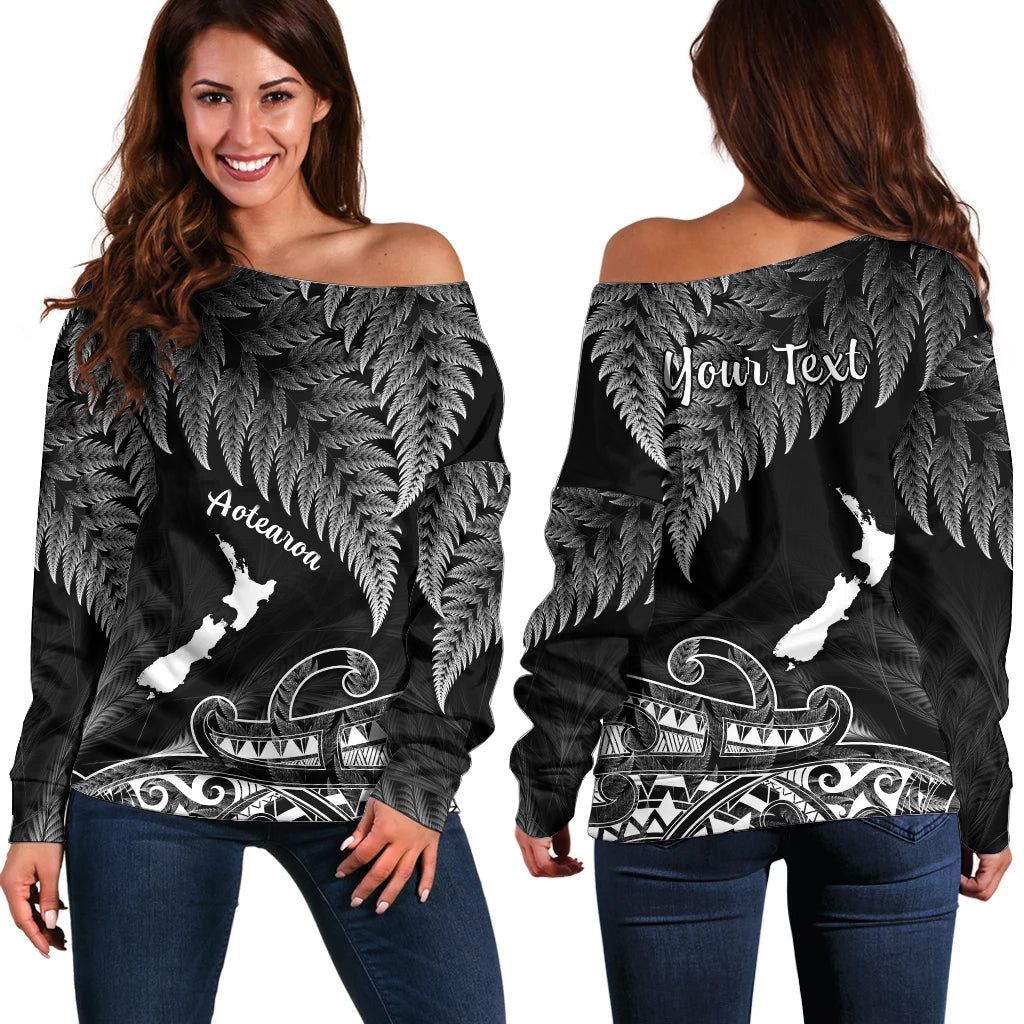 (Custom Personalised) New Zealand Silver Fern Off Shoulder Sweater Aotearoa Map Maori LT14 Women Black - Polynesian Pride