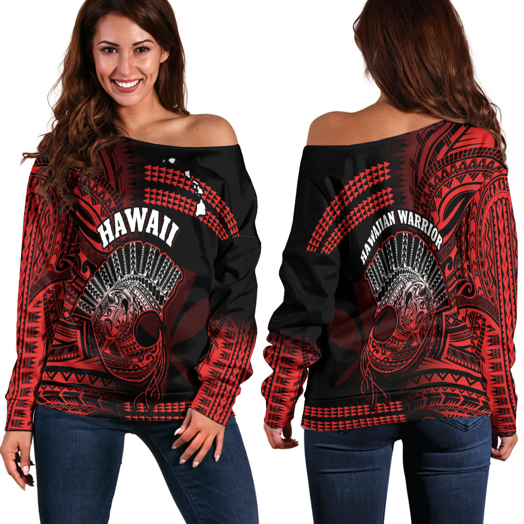 Hawaii Off Shoulder Sweater Kakau Warrior Helmet Gradient Red Polynesian LT14 Women Red - Polynesian Pride