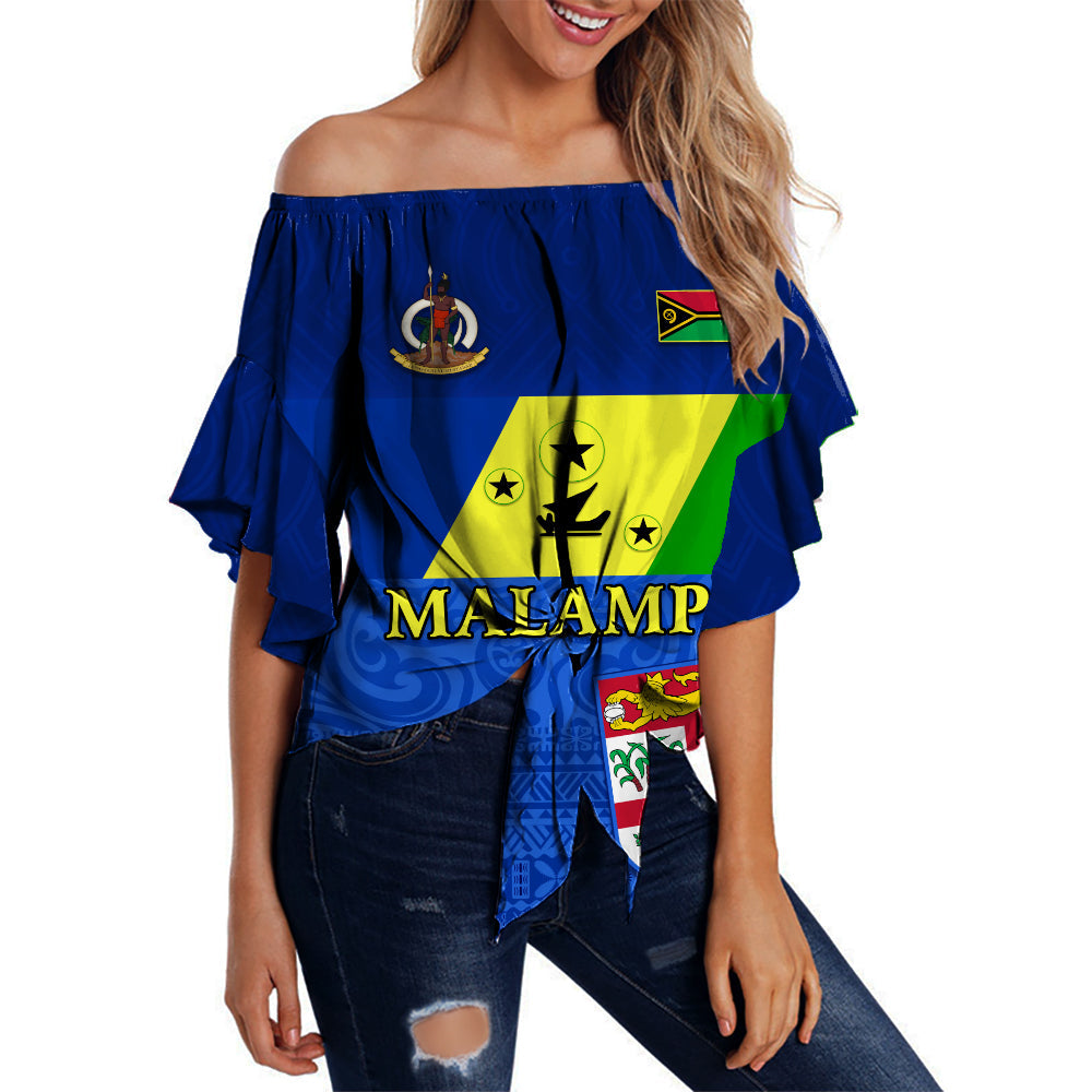 (Custom Personalised) Malampa Fiji Day Off Shoulder Waist Wrap Top Vanuatu Proud LT13 Women Blue - Polynesian Pride