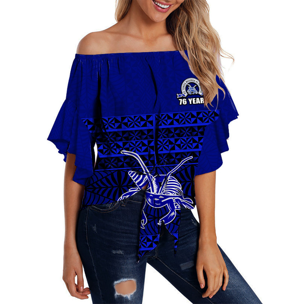 Taufaahau Pilolevu Off Shoulder Waist Wrap Top 76 Years Tongan Pattern LT13 Women Blue - Polynesian Pride