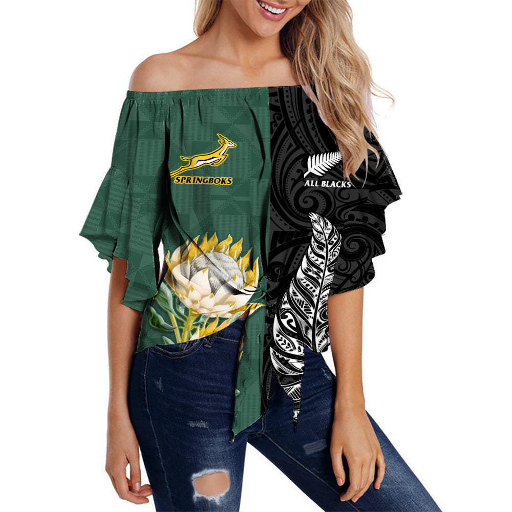 (Custom Personalised) South Africa Protea and New Zealand Fern Off Shoulder Waist Wrap Top Rugby Go Springboks vs All Black LT13 Women Art - Polynesian Pride