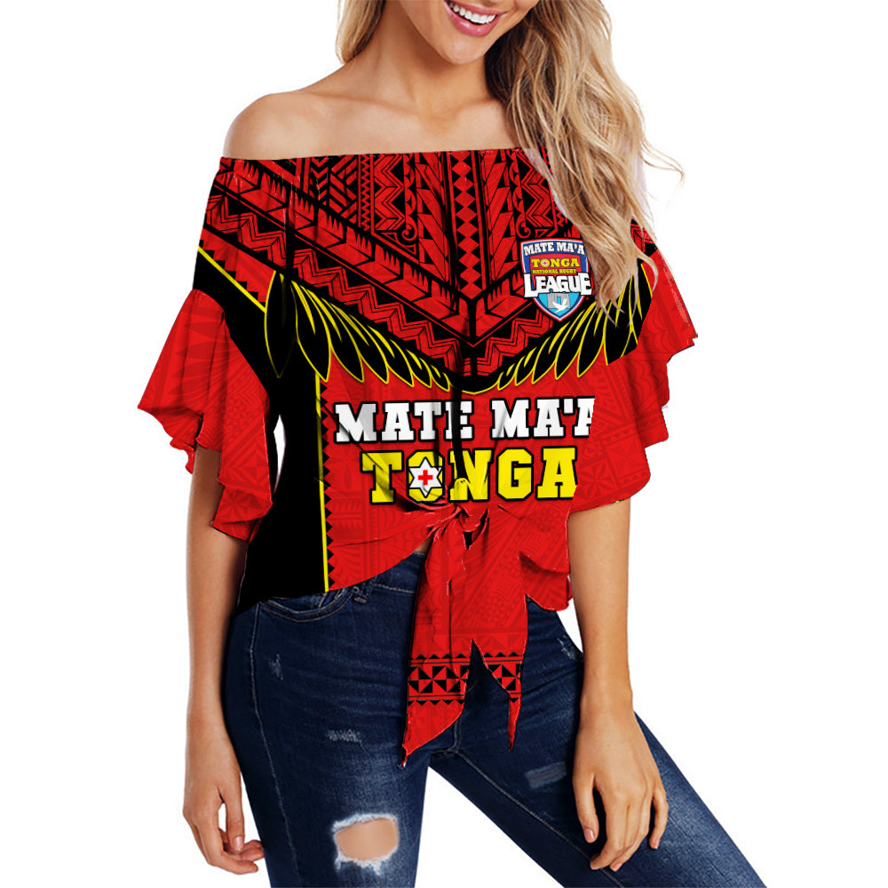 Tonga Rugby Off Shoulder Waist Wrap Top Mate Maa Tonga Pacific Ngatu Black LT14 Women Red - Polynesian Pride