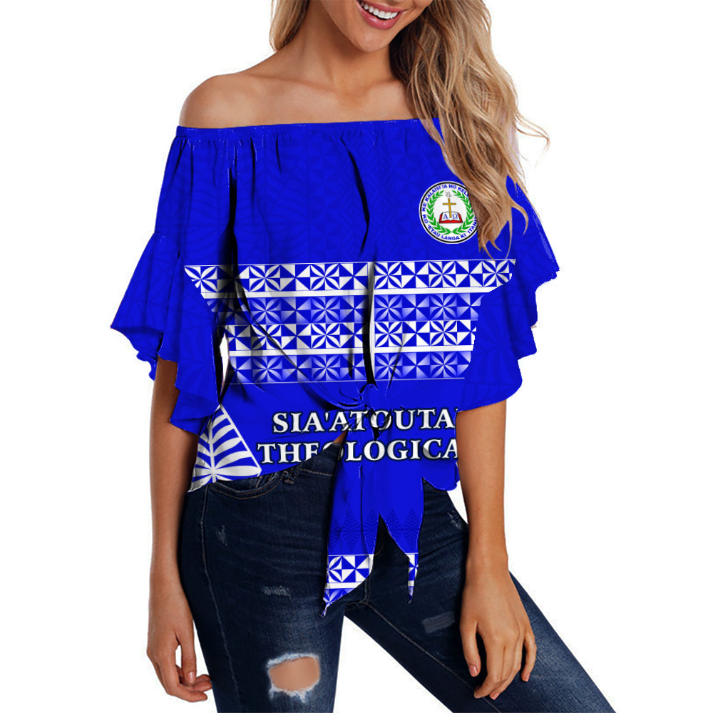 (Custom Personalised) Sia'atoutai Theological College Off Shoulder Waist Wrap Top Tonga Pattern LT13 Women Blue - Polynesian Pride