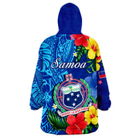 Samoa Wearable Blanket Hoodie Coat Of Arms Mix Tropical Flowers LT14 - Polynesian Pride