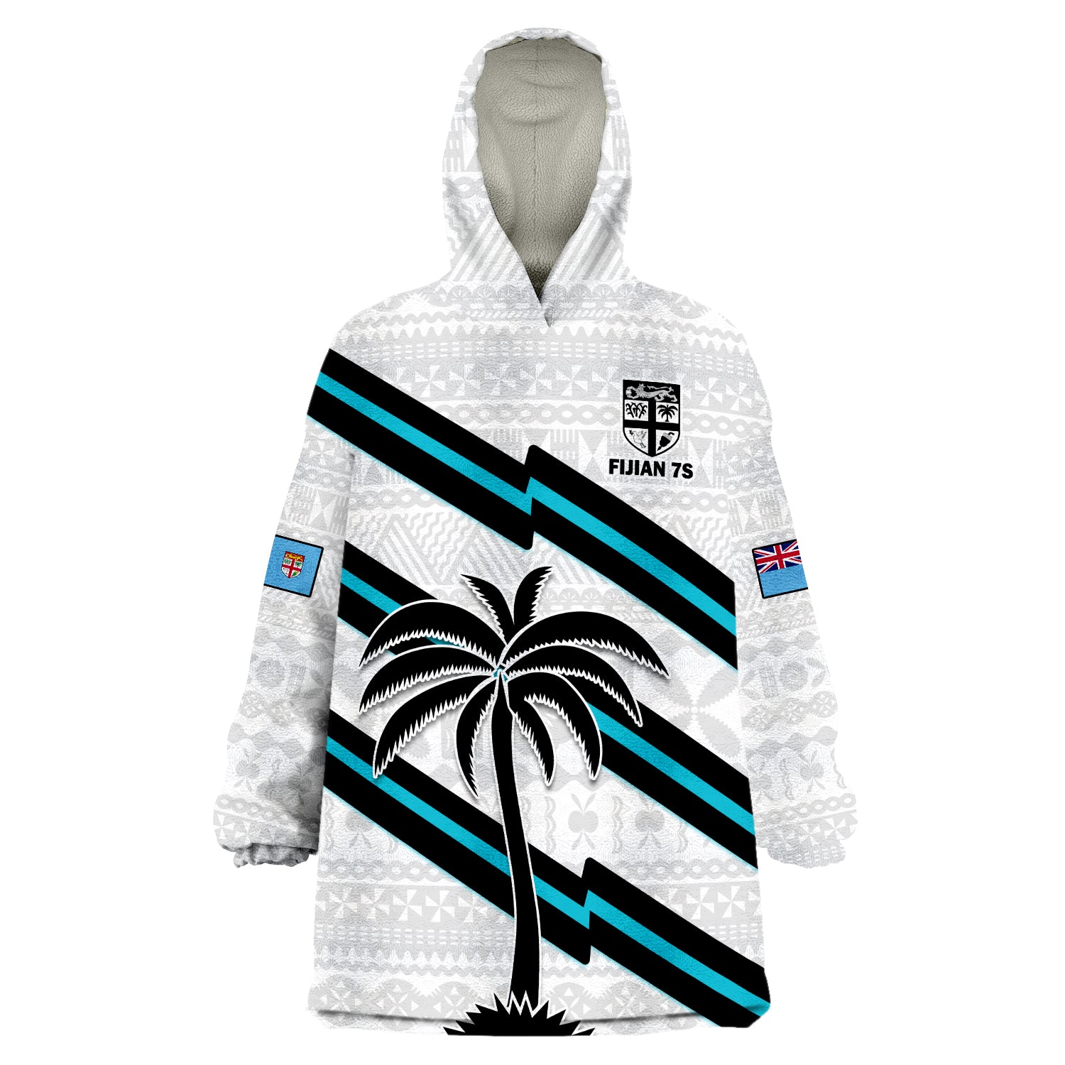 (Custom Text And Number) Fiji Rugby Tapa Pattern Fijian 7s White Wearable Blanket Hoodie LT14 Unisex One Size - Polynesian Pride