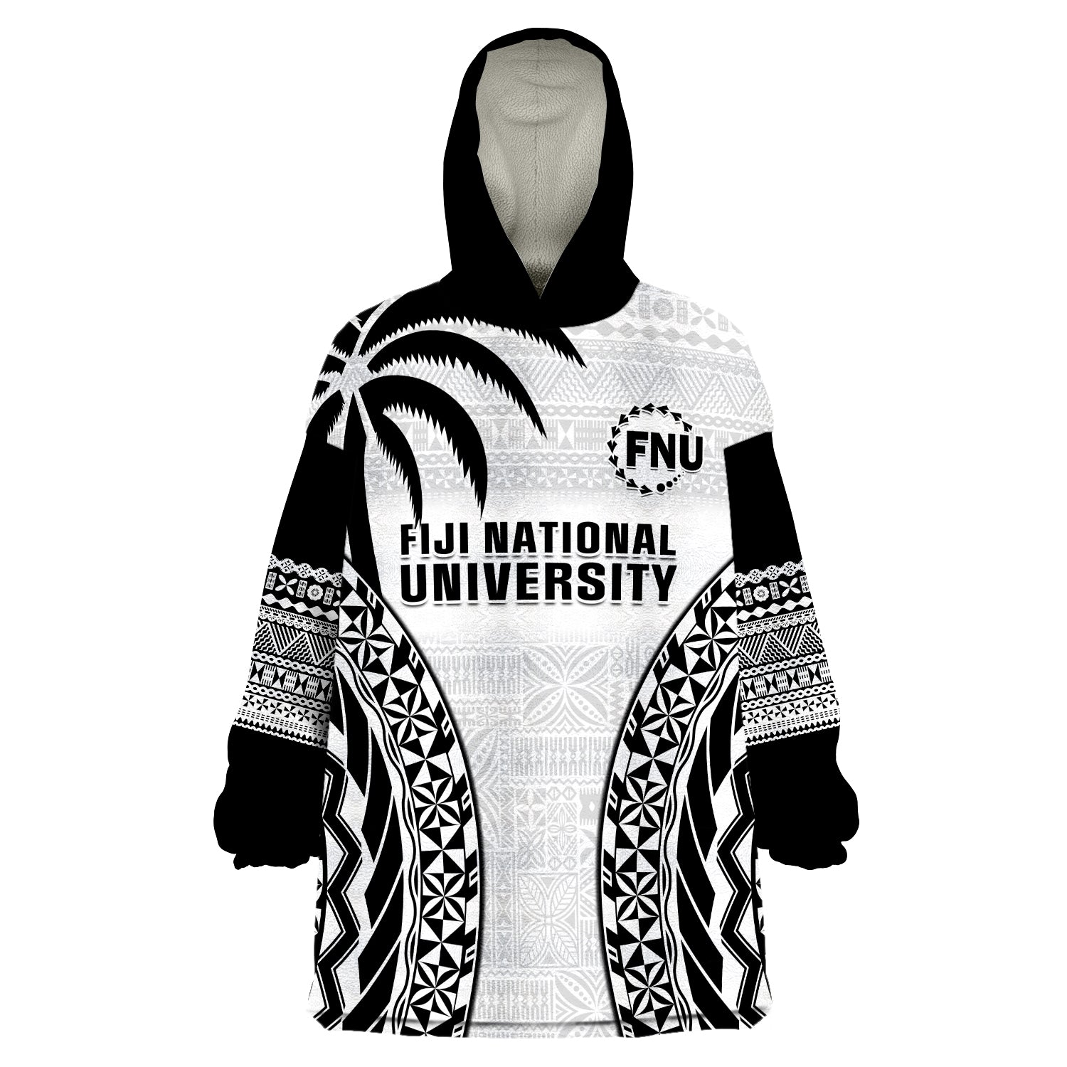 (Custom Personalised) Fiji University Wearable Blanket Hoodie National Fijian Tapa Pattern White LT14 Unisex One Size - Polynesian Pride