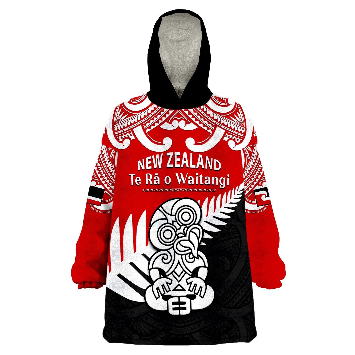 (Custom Personalised) Waitangi Day Wearable Blanket Hoodie Tino Rangatiratanga Flag With Tiki Maori Fern LT14 Unisex One Size - Polynesian Pride