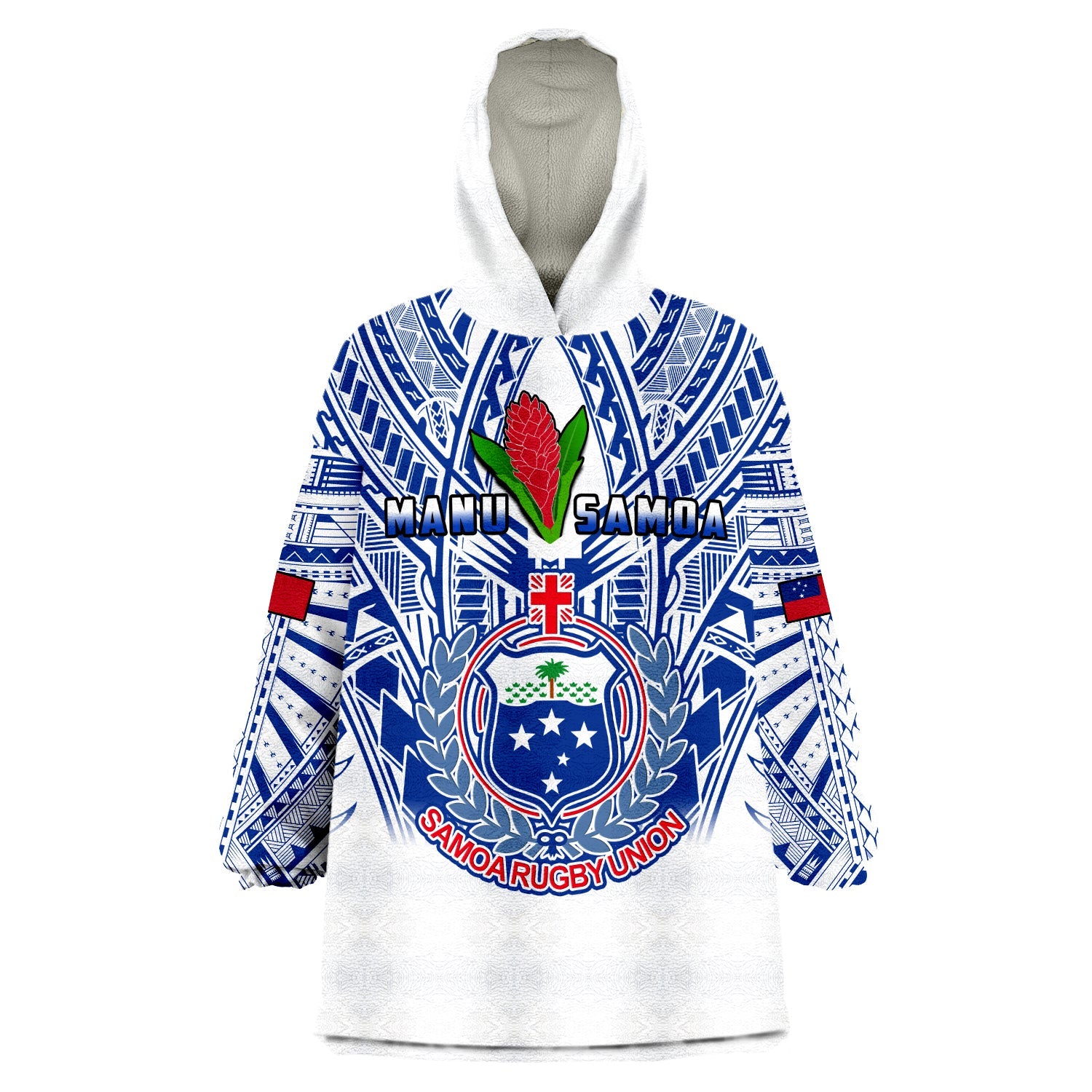 (Custom Text And Number) Samoa Rugby Wearable Blanket Hoodie Manu Samoa 7s Ginger White Polynesian LT14 Unisex One Size - Polynesian Pride