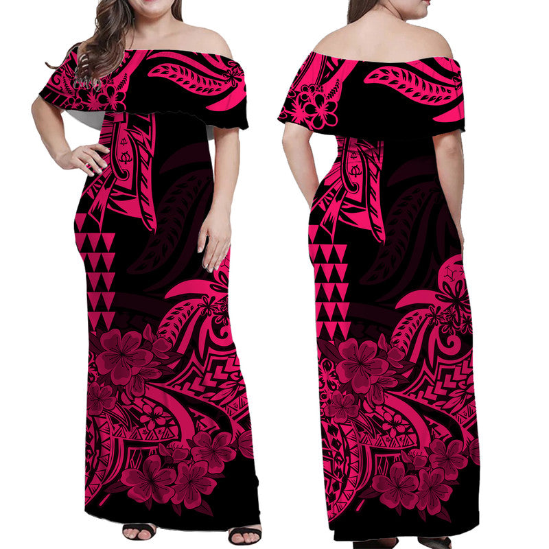 Hawaii Kakau Off Shoulder Long Dress Polynesian Floral Tribal Pink Version LT9 - Polynesian Pride