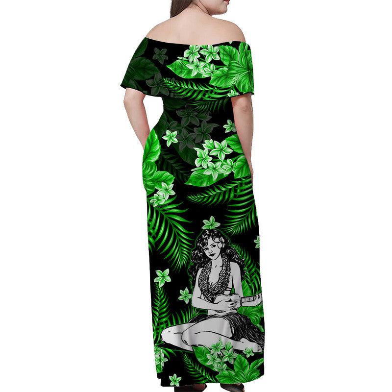 Hawaii Summer Colorful Off Shoulder Long Dress Hula Girl Green LT6 - Polynesian Pride
