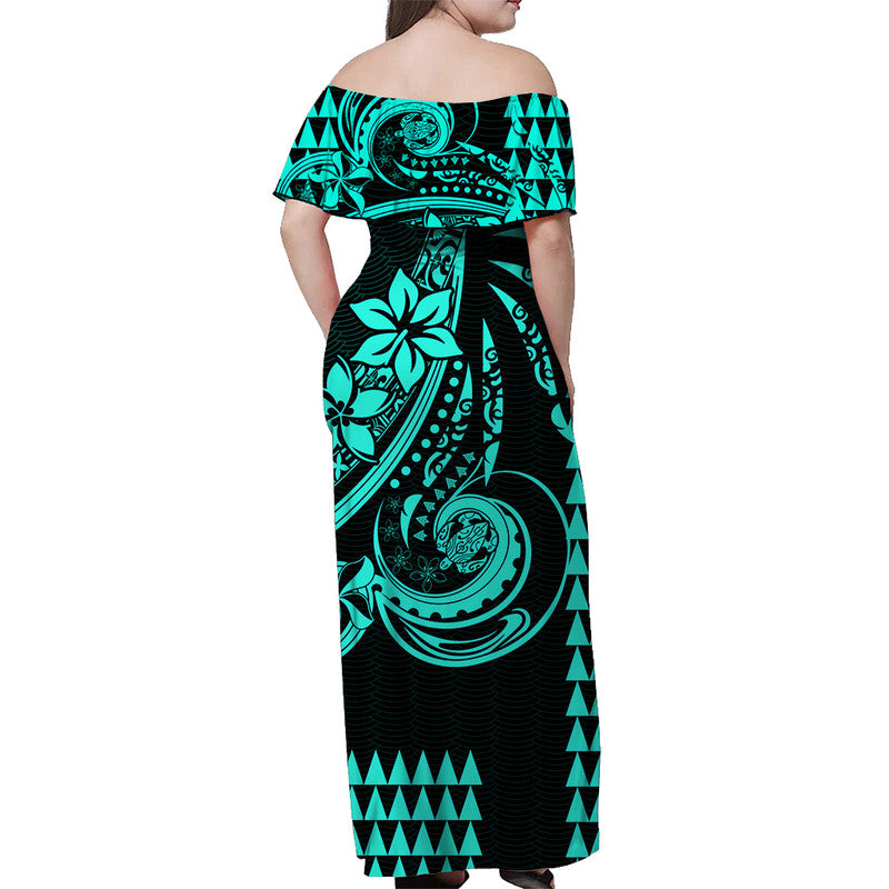 Kakau Hawaiian Polynesian Off Shoulder Long Dress Turquoise Green LT6 - Polynesian Pride