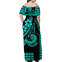 Kakau Hawaiian Polynesian Off Shoulder Long Dress Turquoise Green LT6 - Polynesian Pride