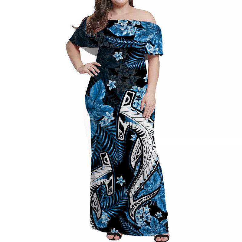 Hawaii Summer Colorful Off Shoulder Long Dress Shark Light Blue LT6 Women Blue - Polynesian Pride